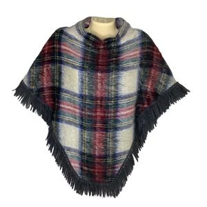 Vintage Poncho OS Mohair Wool Red Plaid 60s 70s Scotland Fuzzy Fringe Deadstock